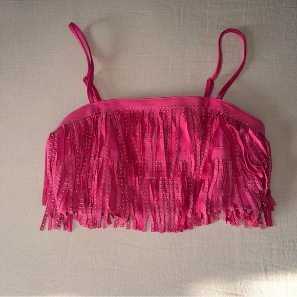 Main Strip Hot Pink Studded Fringe Crop Top - Picture 3 of 11